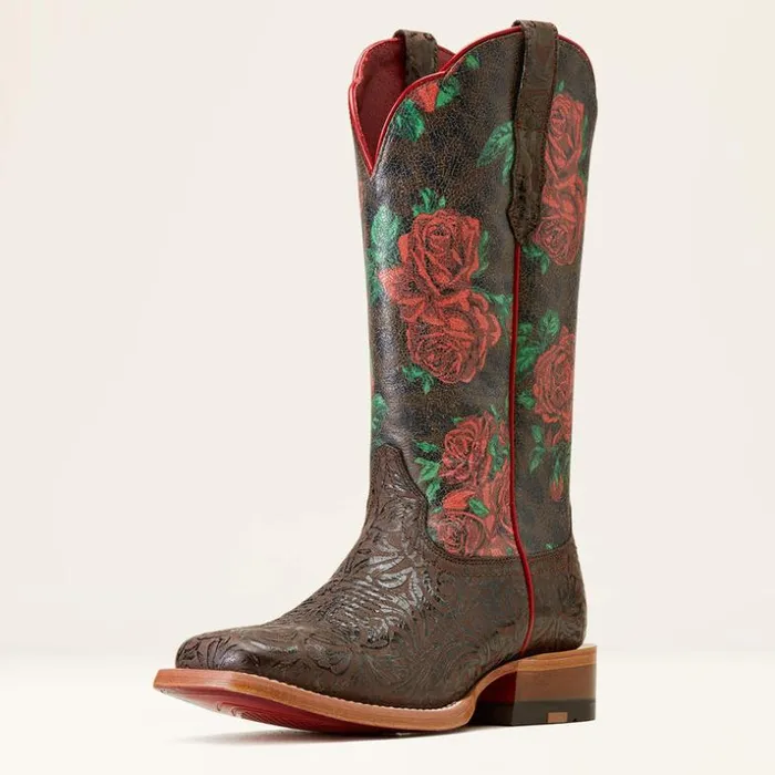 Western Boots Women Ariat Frontier Farrah Western Boot Chocolate Floral Emboss