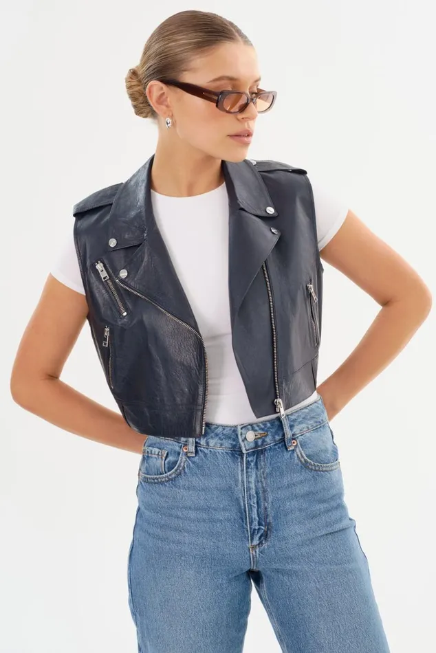 Women AMALIA Leather Biker Vest Navy LAMARQUE Leather Jackets