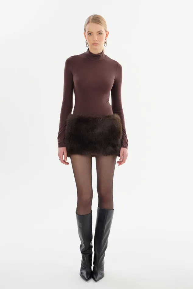 Women ARCILA Faux Fur Micro Mini Skirt Dark Brown LAMARQUE Skirts