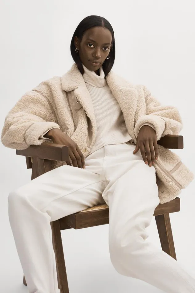 Women BADU Oversized Faux Shearling Jacket Beige LAMARQUE Sherpa
