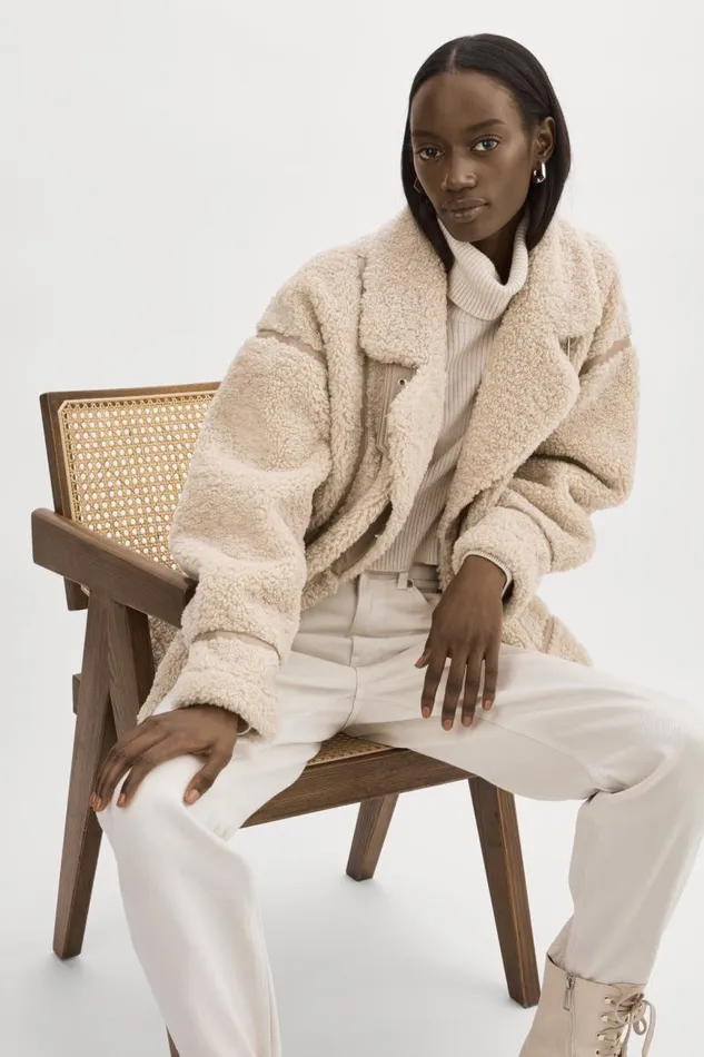 Women BADU Oversized Faux Shearling Jacket Beige LAMARQUE Sherpa