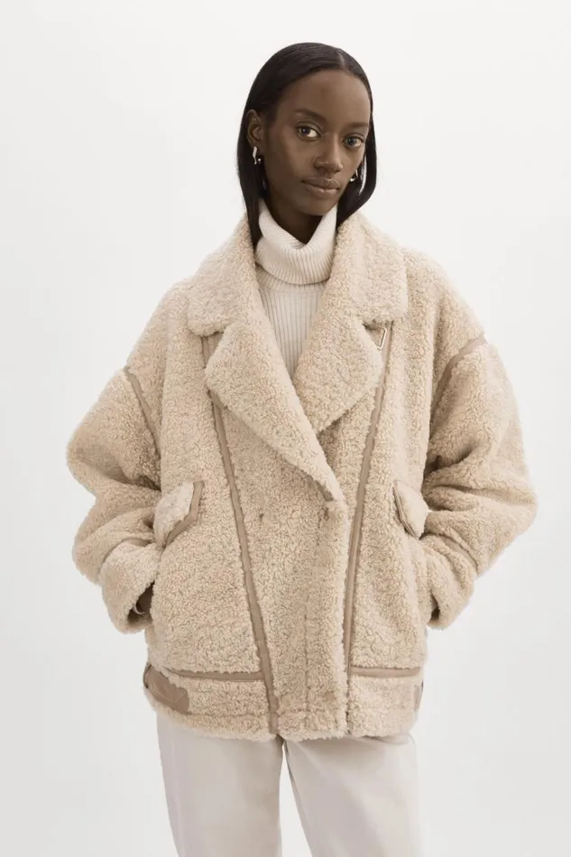 Women BADU Oversized Faux Shearling Jacket Beige LAMARQUE Sherpa