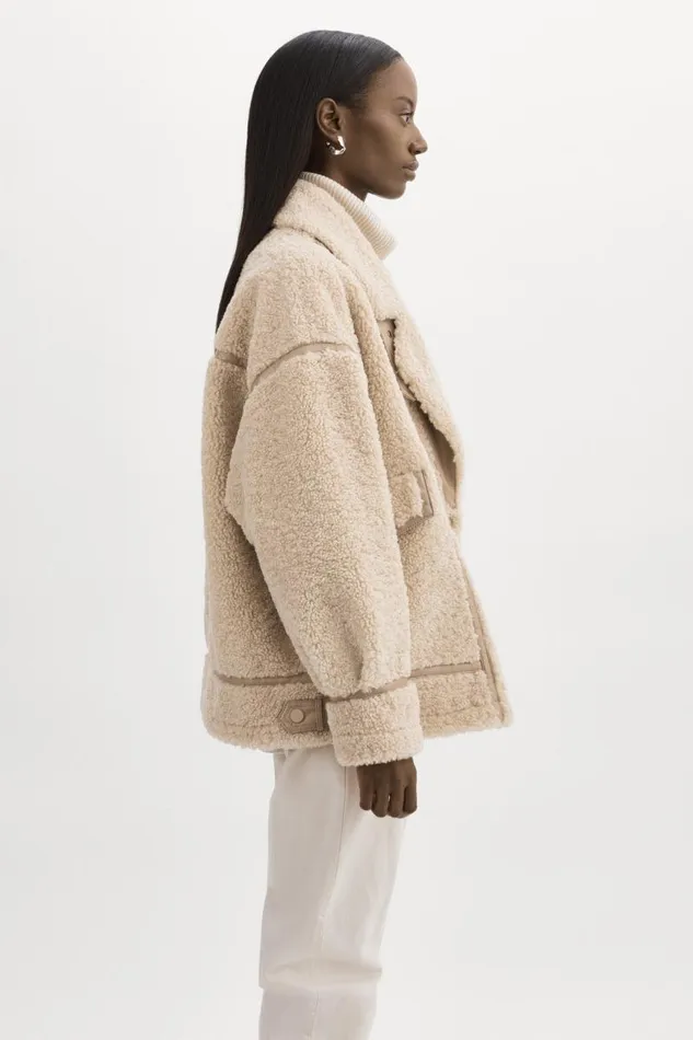 Women BADU Oversized Faux Shearling Jacket Beige LAMARQUE Sherpa