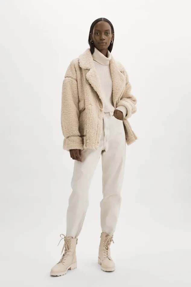 Women BADU Oversized Faux Shearling Jacket Beige LAMARQUE Sherpa