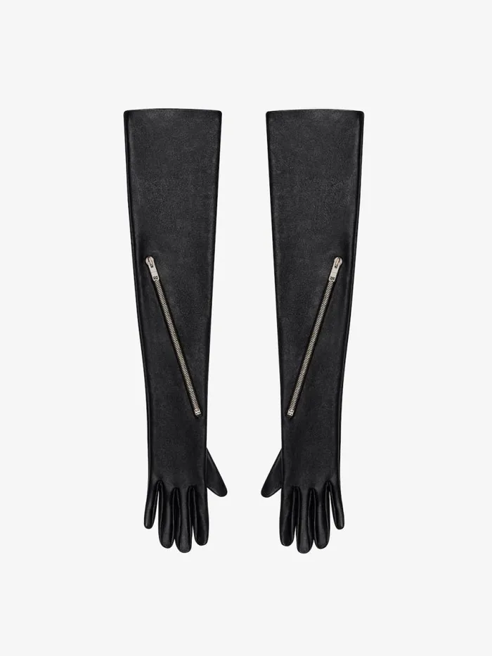 Women Belts Givenchy Voyou Long Zipped Gloves In Leather Black