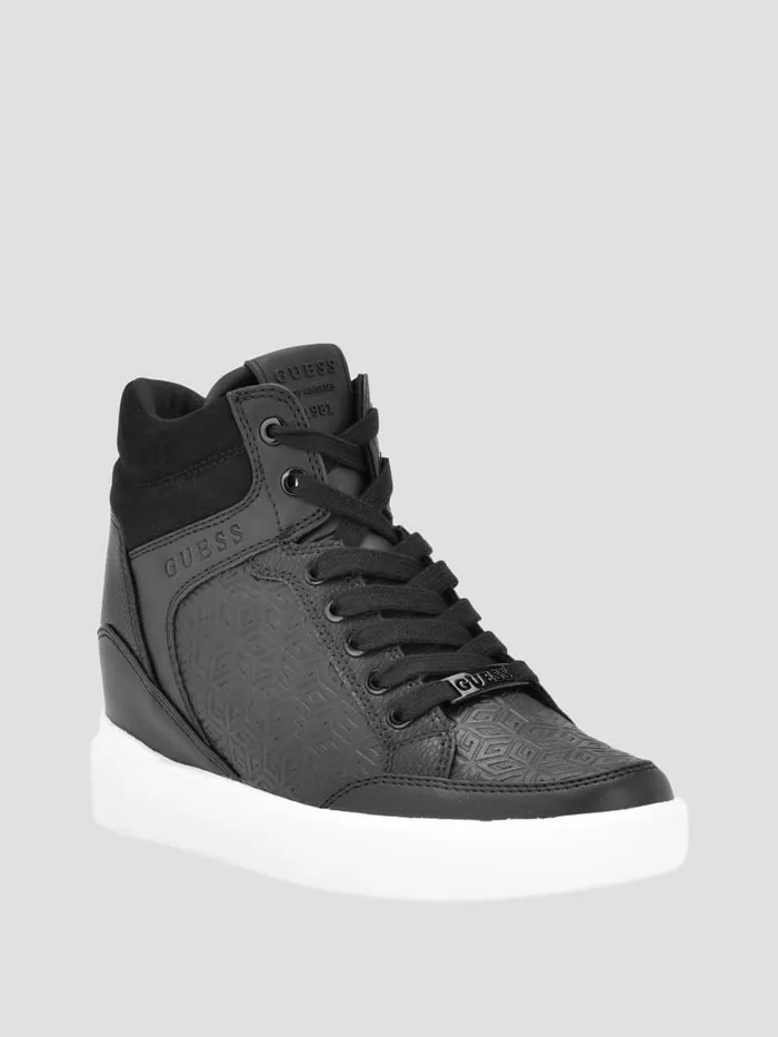 Women Blairin Rhinestone Logo Wedge Sneakers Black Leather Sneakers GUESS