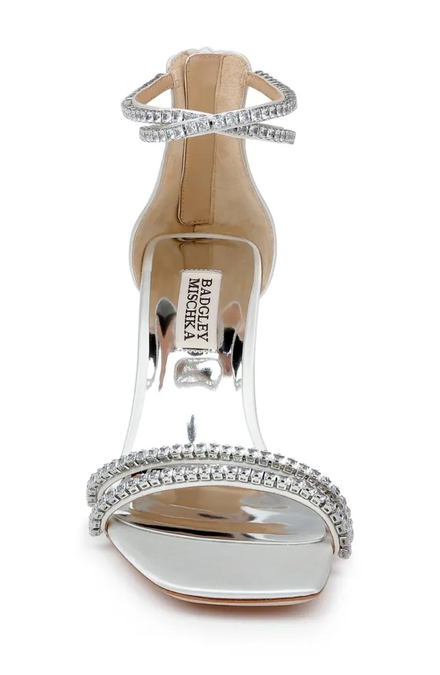 Women Block Heels Badgley Mischka Lillie Crystal DualStrapped Block Heels Black