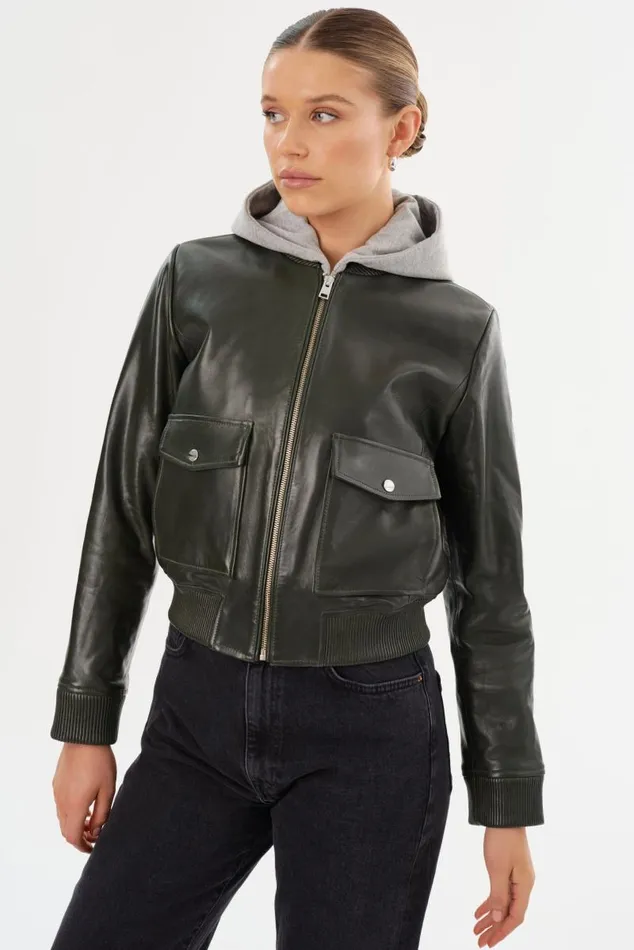 Women CANDACE Leather Bomber Jacket Dark Oliveheather Grey LAMARQUE Leather Jackets Women CANDACE Leather Bomber Jacket Dark Oliveheather Grey LAMARQUE Leather Jackets