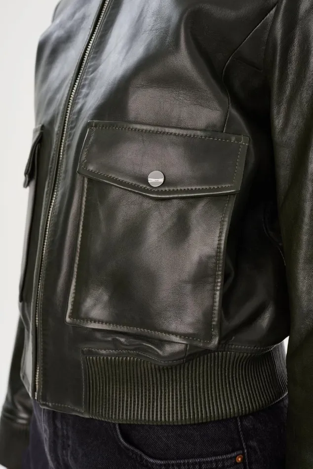 Women CANDACE Leather Bomber Jacket Dark Oliveheather Grey LAMARQUE Leather Jackets Women CANDACE Leather Bomber Jacket Dark Oliveheather Grey LAMARQUE Leather Jackets