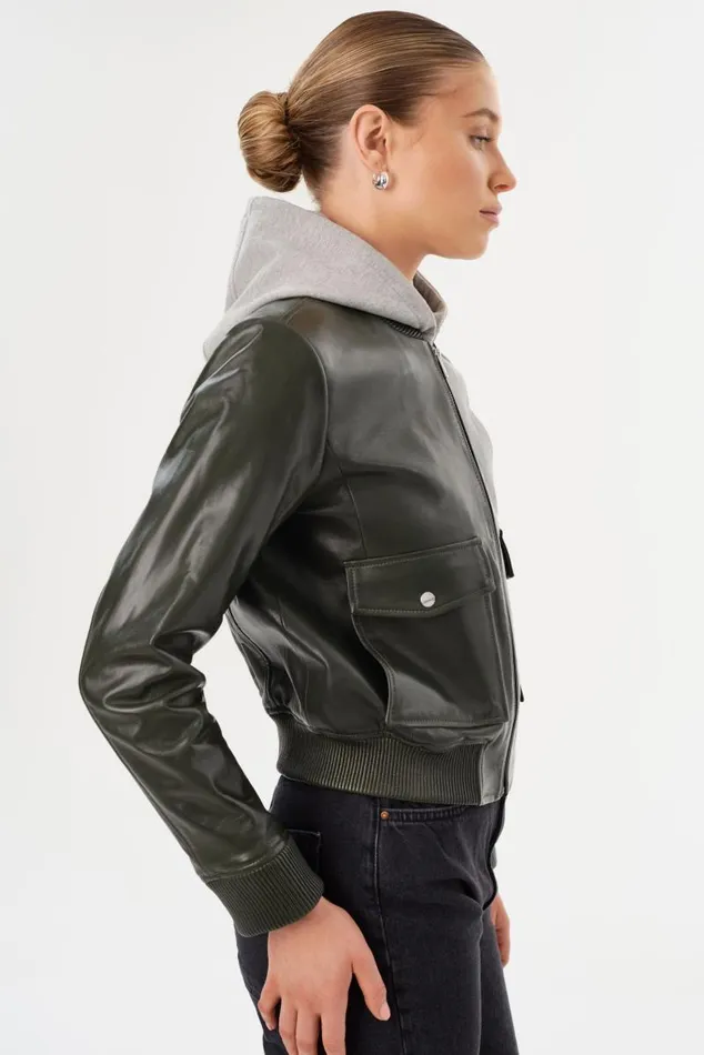 Women CANDACE Leather Bomber Jacket Dark Oliveheather Grey LAMARQUE Leather Jackets Women CANDACE Leather Bomber Jacket Dark Oliveheather Grey LAMARQUE Leather Jackets