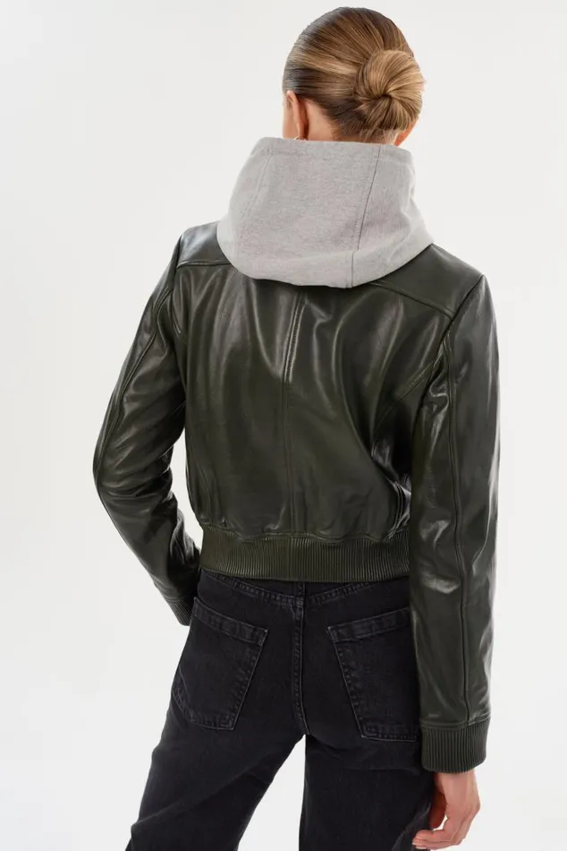 Women CANDACE Leather Bomber Jacket Dark Oliveheather Grey LAMARQUE Leather Jackets Women CANDACE Leather Bomber Jacket Dark Oliveheather Grey LAMARQUE Leather Jackets