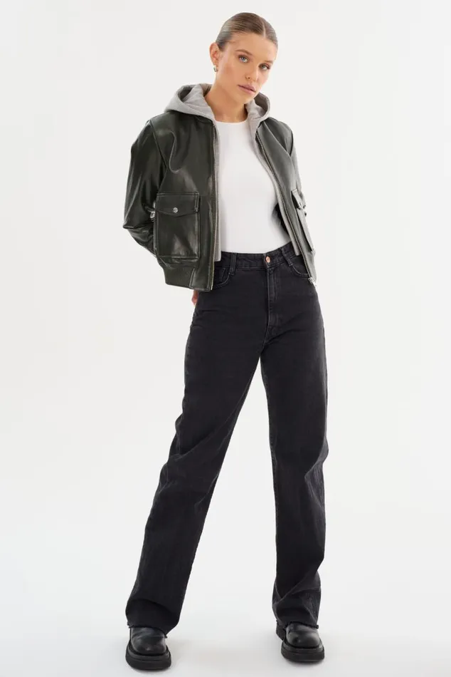 Women CANDACE Leather Bomber Jacket Dark Oliveheather Grey LAMARQUE Leather Jackets Women CANDACE Leather Bomber Jacket Dark Oliveheather Grey LAMARQUE Leather Jackets
