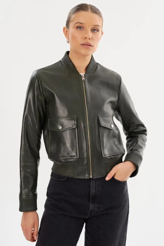 Women CANDACE Leather Bomber Jacket Dark Oliveheather Grey LAMARQUE Leather Jackets Women CANDACE Leather Bomber Jacket Dark Oliveheather Grey LAMARQUE Leather Jackets