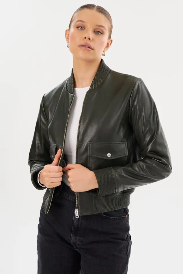 Women CANDACE Leather Bomber Jacket Dark Oliveheather Grey LAMARQUE Leather Jackets Women CANDACE Leather Bomber Jacket Dark Oliveheather Grey LAMARQUE Leather Jackets