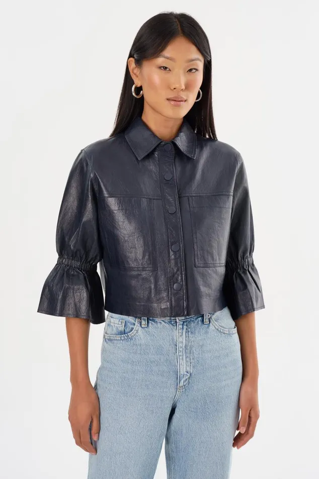 Women CAROLINA Leather Ruffle Sleeve Jacket Navy LAMARQUE Short Sleeve Jackets
