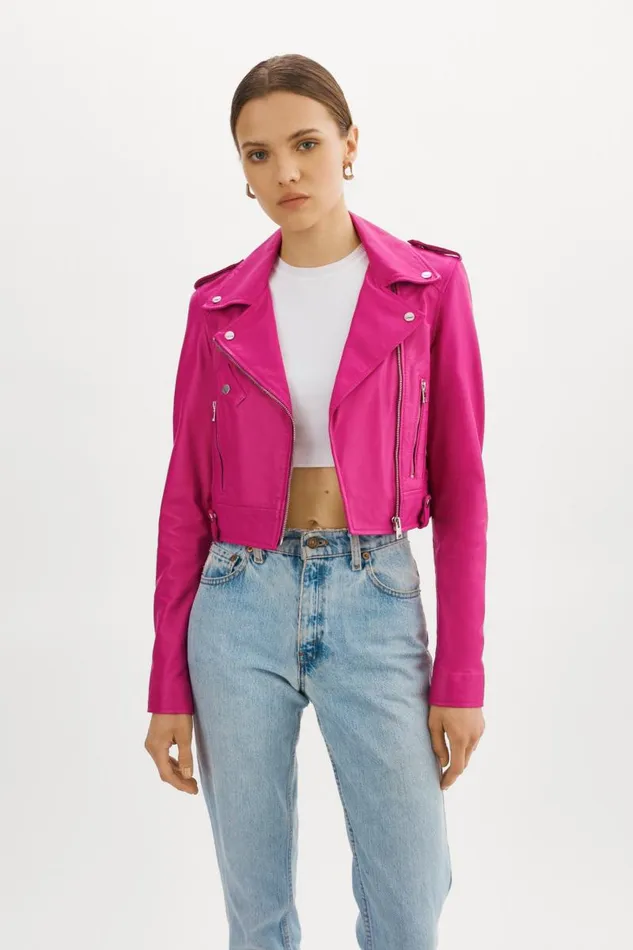 Women CIARA Cropped Leather Biker Jacket Fuchsia LAMARQUE Leather Jackets