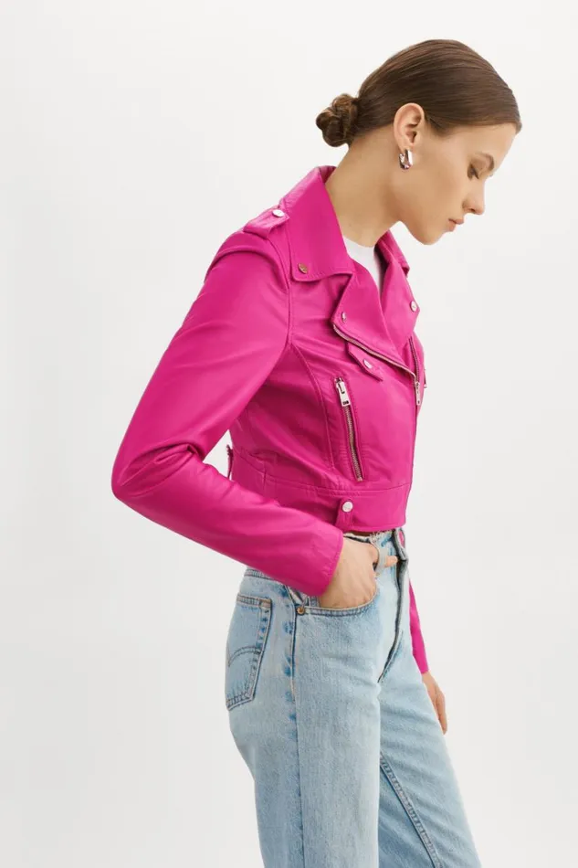 Women CIARA Cropped Leather Biker Jacket Fuchsia LAMARQUE Leather Jackets