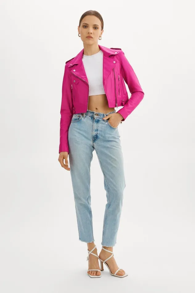 Women CIARA Cropped Leather Biker Jacket Fuchsia LAMARQUE Leather Jackets