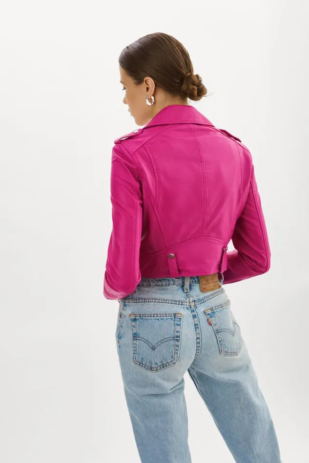 Women CIARA Cropped Leather Biker Jacket Fuchsia LAMARQUE Leather Jackets