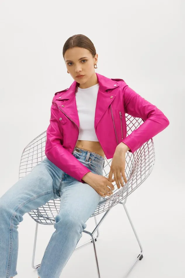 Women CIARA Cropped Leather Biker Jacket Fuchsia LAMARQUE Leather Jackets