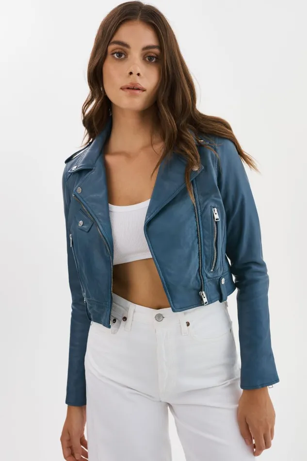 Women CIARA Cropped Leather Biker Jacket Slate Blue LAMARQUE Leather Jackets