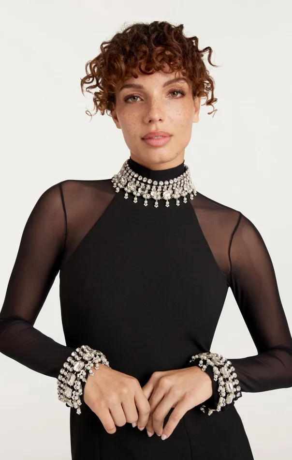 Women Cinq Sept Cocktail and Evening Pearl Trim Loretta Dress Blacksilver