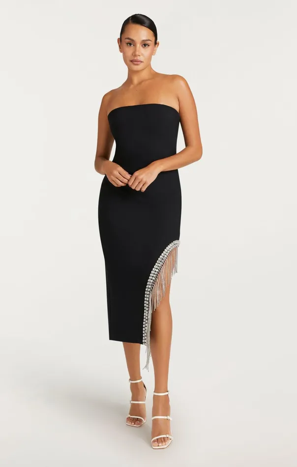 Women Cinq Sept Cocktail and Evening Rhinestone Fringe Sammy Dress Black