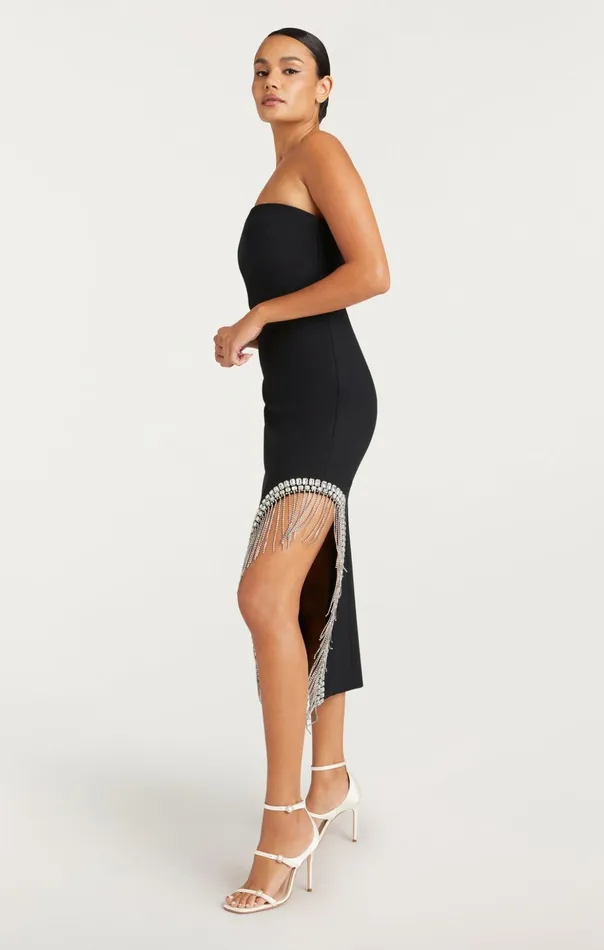 Women Cinq Sept Cocktail and Evening Rhinestone Fringe Sammy Dress Black