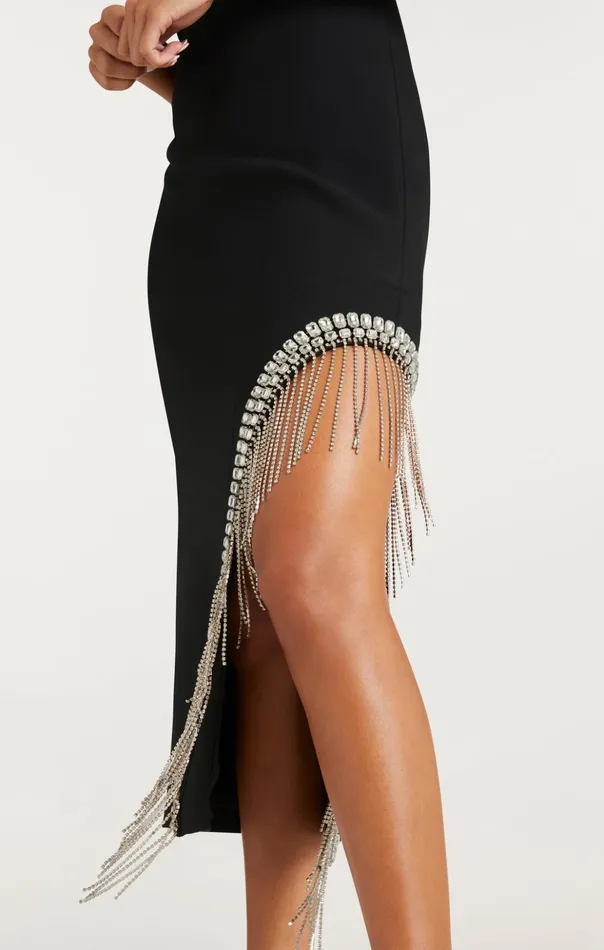 Women Cinq Sept Cocktail and Evening Rhinestone Fringe Sammy Dress Black