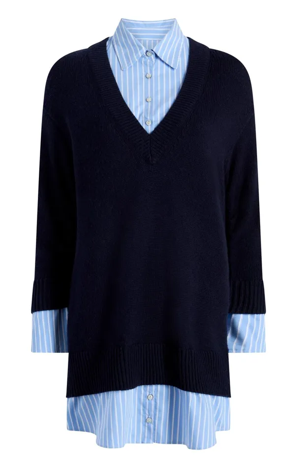 Women Cinq Sept Sweaters and Knits Deep V Remie Stripe Santina Dress Navyfrench Blue