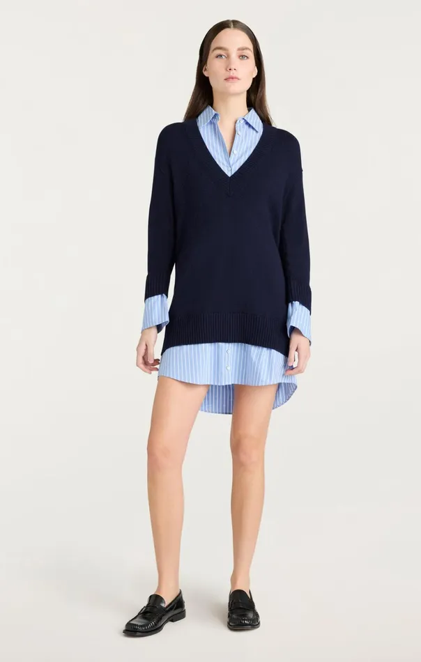 Women Cinq Sept Sweaters and Knits Deep V Remie Stripe Santina Dress Navyfrench Blue