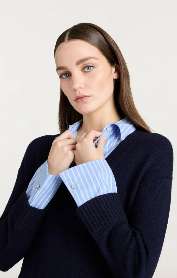 Women Cinq Sept Sweaters and Knits Deep V Remie Stripe Santina Dress Navyfrench Blue