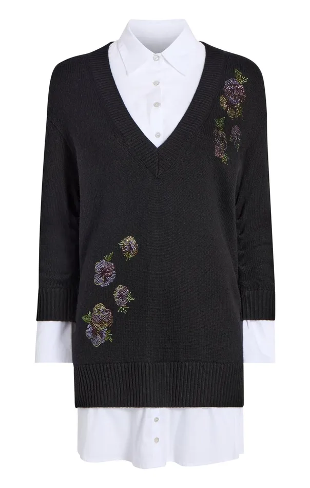 Women Cinq Sept Sweaters and Knits Heatset Floral Embellished Deep V Santina Dress Blackwhite