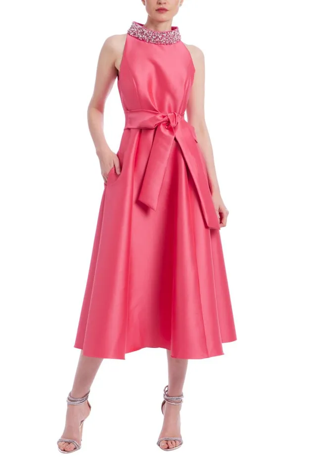 Women Cocktail Badgley Mischka Belted Full Skirt Midi Dress Rose