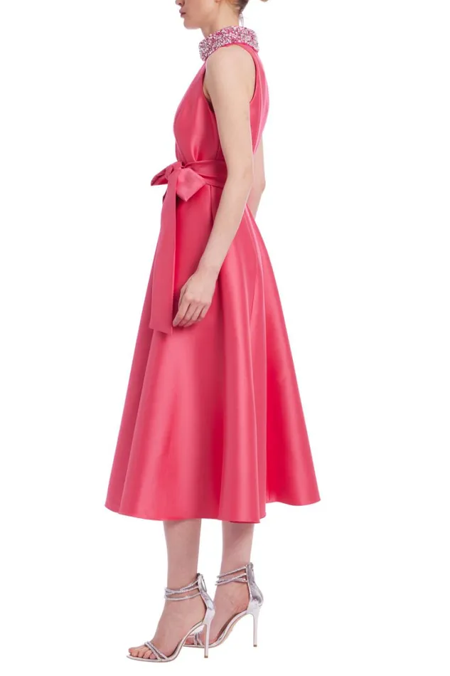 Women Cocktail Badgley Mischka Belted Full Skirt Midi Dress Rose