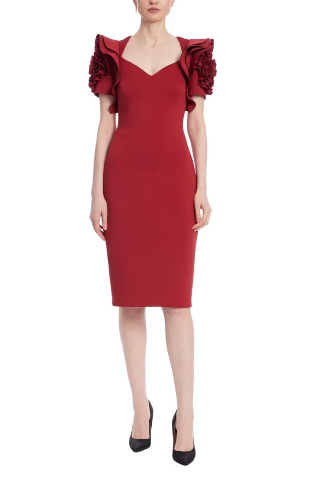 Women Cocktail Badgley Mischka Rosette Short Sleeve Sheath Dress Wine