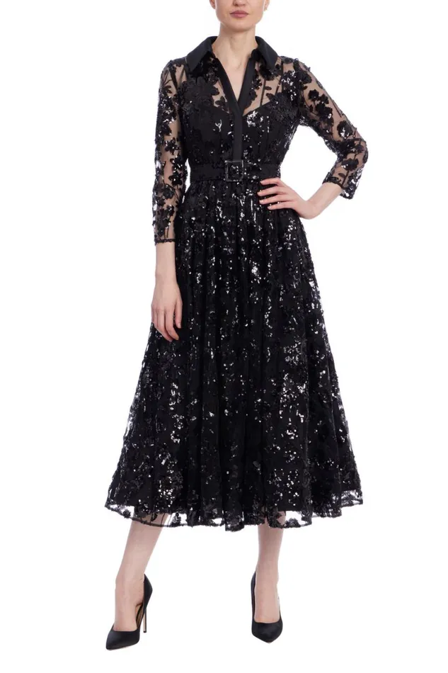 Women Cocktail Badgley Mischka Sequin Lace ALine Midi Dress Black