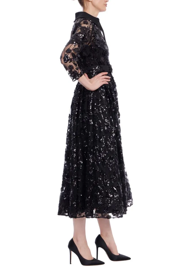 Women Cocktail Badgley Mischka Sequin Lace ALine Midi Dress Black