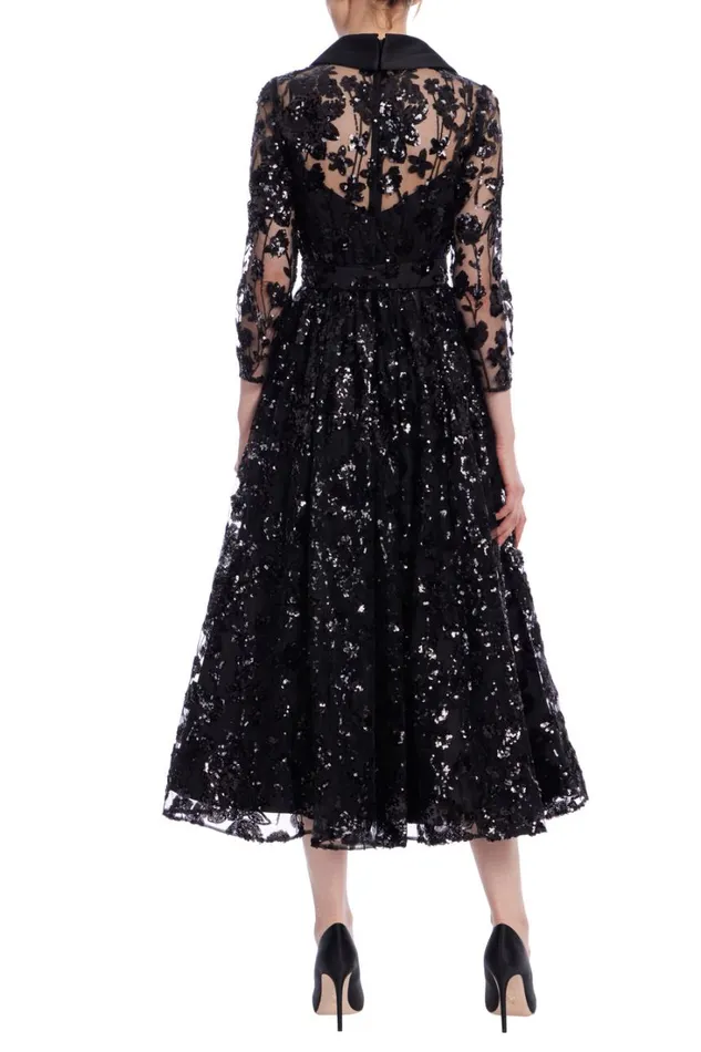 Women Cocktail Badgley Mischka Sequin Lace ALine Midi Dress Black