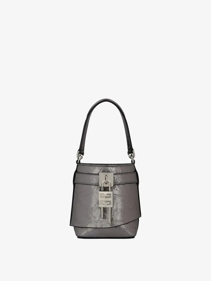 Women Crossbody Bags Givenchy Micro Shark Lock Bucket Bag In Laminated Leather Silvery Grey
