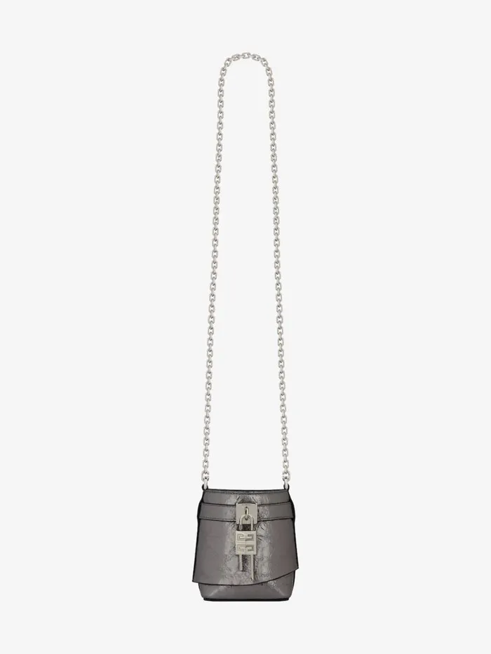 Women Crossbody Bags Givenchy Micro Shark Lock Bucket Bag In Laminated Leather Silvery Grey Women Crossbody Bags Givenchy Micro Shark Lock Bucket Bag In Laminated Leather Silvery Grey