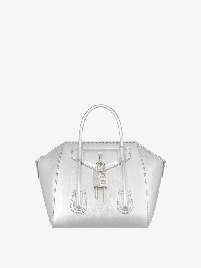 Women Crossbody Bags Givenchy Mini Antigona Lock Bag In Metallized Leather Silvery Grey