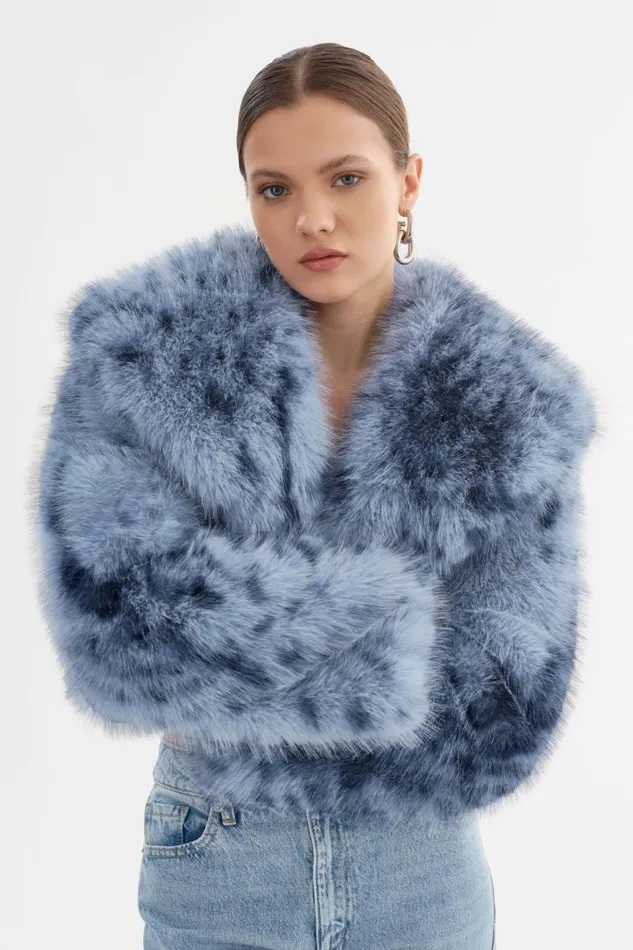 Women DANIKA LEO Faux Fur Crop Jacket Blue Leopard LAMARQUE Faux Fur