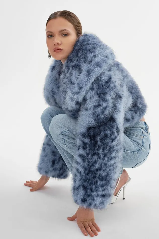 Women DANIKA LEO Faux Fur Crop Jacket Blue Leopard LAMARQUE Faux Fur Women DANIKA LEO Faux Fur Crop Jacket Blue Leopard LAMARQUE Faux Fur