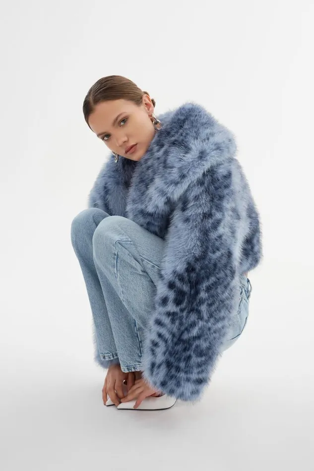 Women DANIKA LEO Faux Fur Crop Jacket Blue Leopard LAMARQUE Faux Fur Women DANIKA LEO Faux Fur Crop Jacket Blue Leopard LAMARQUE Faux Fur