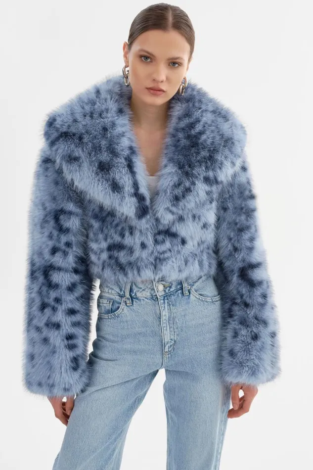 Women DANIKA LEO Faux Fur Crop Jacket Blue Leopard LAMARQUE Faux Fur Women DANIKA LEO Faux Fur Crop Jacket Blue Leopard LAMARQUE Faux Fur