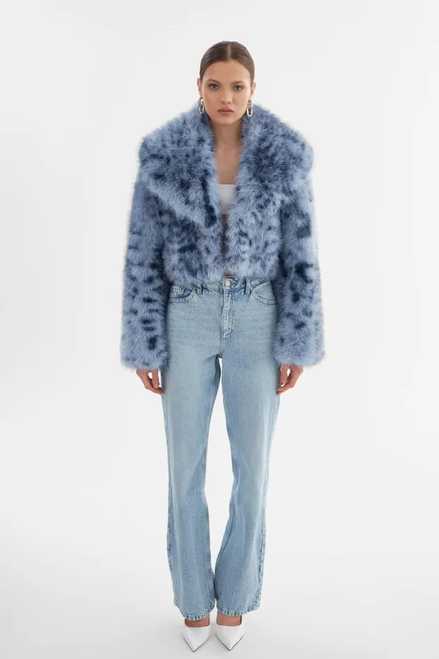 Women DANIKA LEO Faux Fur Crop Jacket Blue Leopard LAMARQUE Faux Fur Women DANIKA LEO Faux Fur Crop Jacket Blue Leopard LAMARQUE Faux Fur