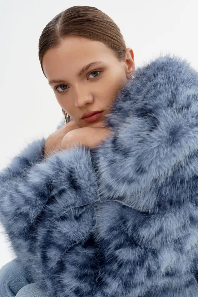 Women DANIKA LEO Faux Fur Crop Jacket Blue Leopard LAMARQUE Faux Fur Women DANIKA LEO Faux Fur Crop Jacket Blue Leopard LAMARQUE Faux Fur