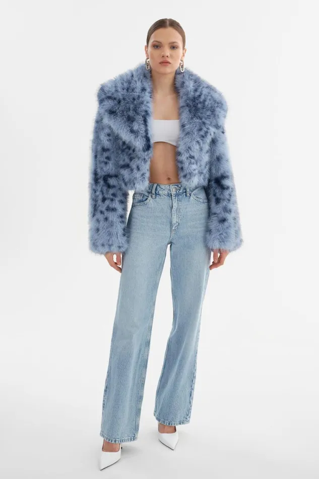 Women DANIKA LEO Faux Fur Crop Jacket Blue Leopard LAMARQUE Faux Fur Women DANIKA LEO Faux Fur Crop Jacket Blue Leopard LAMARQUE Faux Fur