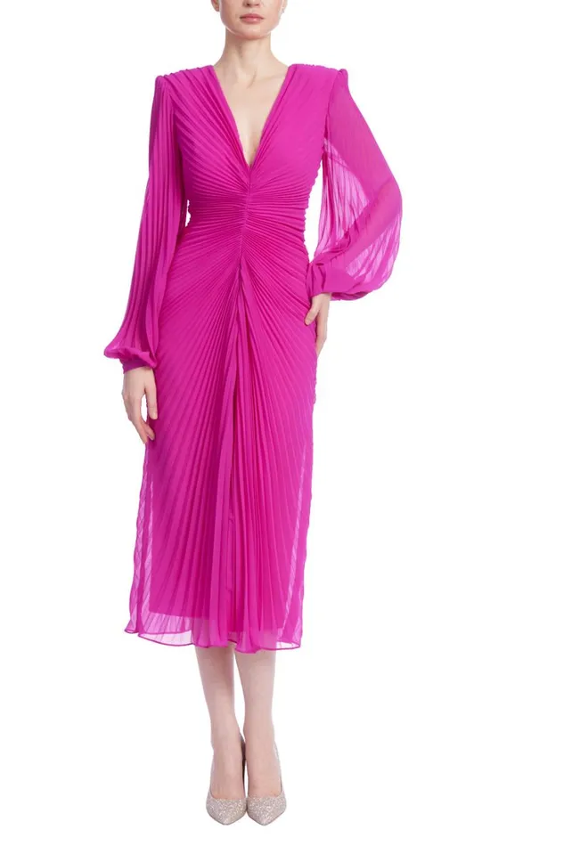 Women Day Badgley Mischka Sunburst Pleated Long Sleeve Cocktail Dress Fuchsia